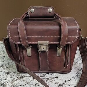 Vintage Brown Faux Leather Hard Side Zipper Drop Front Camera Bag Case